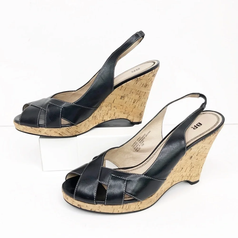 𝅺BP Black leather Belize Lea caulk wedge sandals